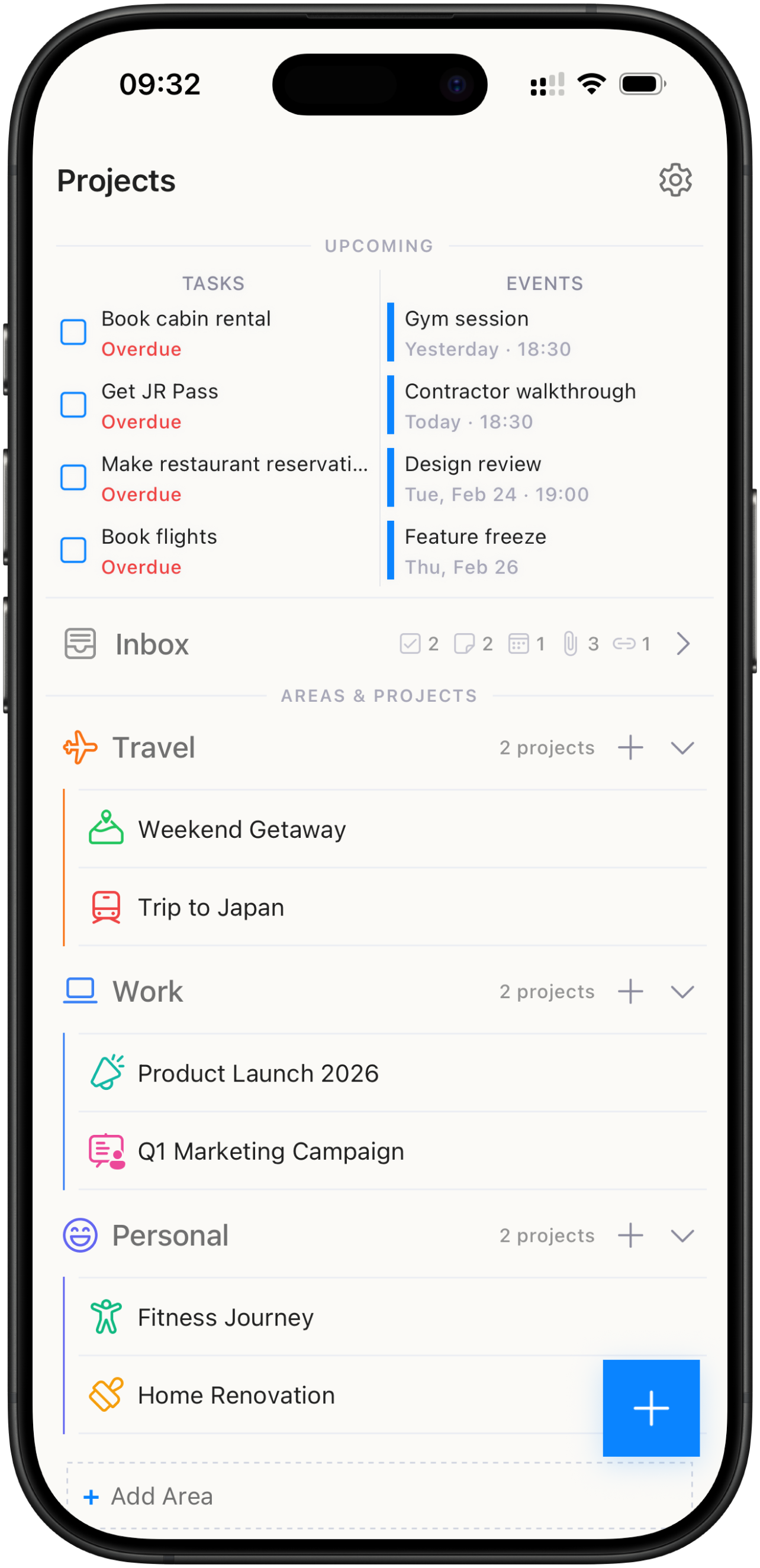 Brainee app dashboard showing tasks, notes, and projects
